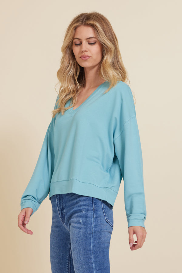 Majestic French Terry Long Sleeve Semi-Relaxed V-Neck Pullover in Ocean