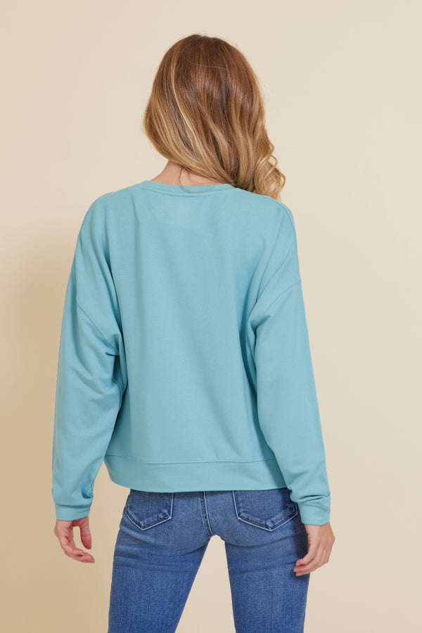 Majestic French Terry Long Sleeve Semi-Relaxed V-Neck Pullover in Ocean