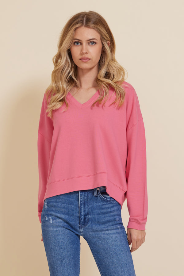 Majestic French Terry Long Sleeve Semi-Relaxed V-Neck Pullover in Candy Pink
