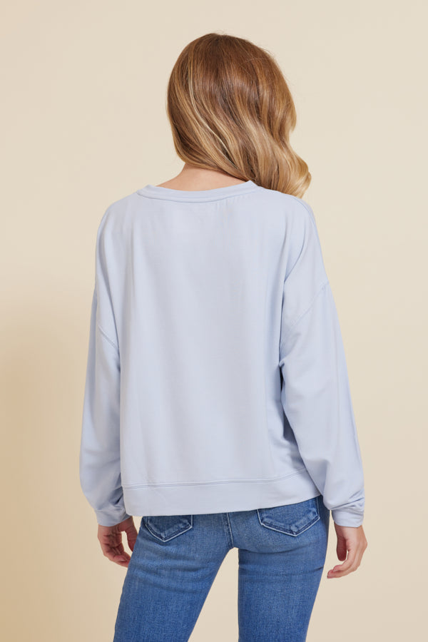 Majestic French Terry Long Sleeve Relaxed Pullover Crewneck in Celeste