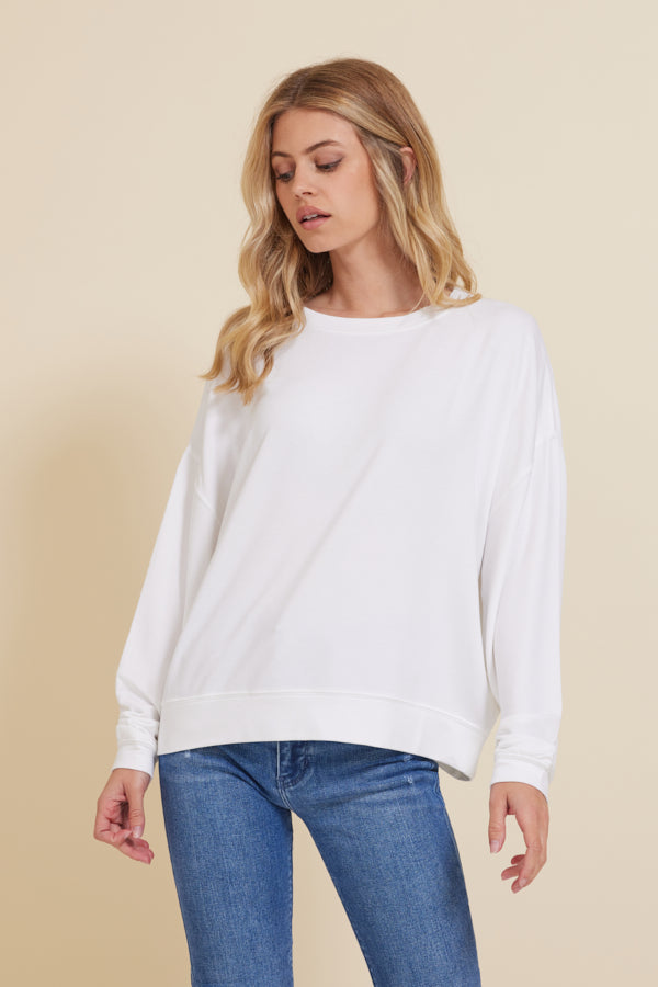 Majestic French Terry Long Sleeve Relaxed Pullover Crewneck in Blanc