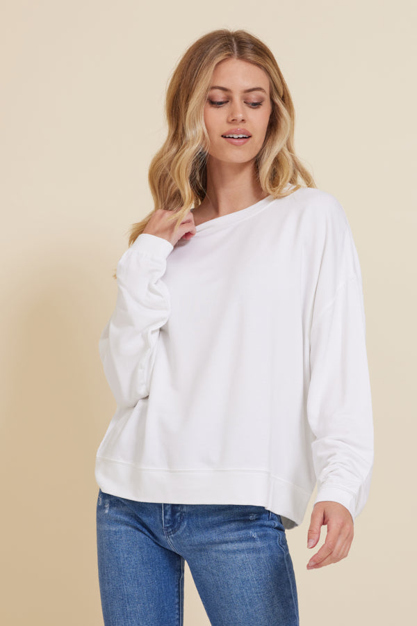 Majestic French Terry Long Sleeve Relaxed Pullover Crewneck in Blanc