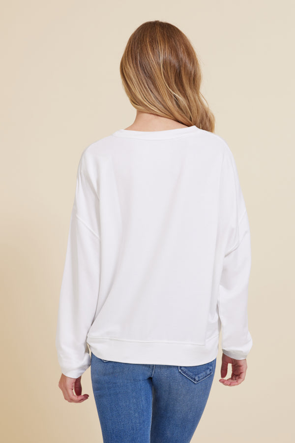 Majestic French Terry Long Sleeve Relaxed Pullover Crewneck in White