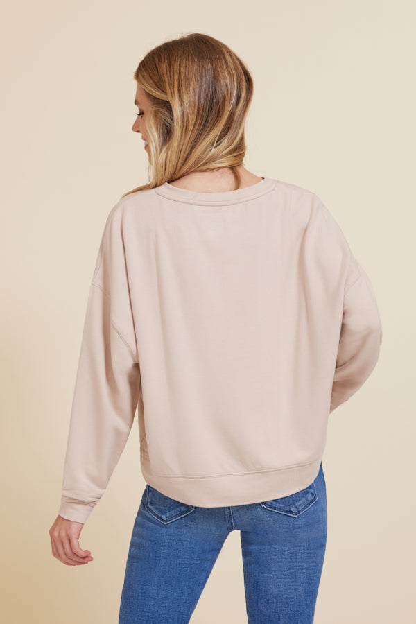 Majestic French Terry Long Sleeve Relaxed Pullover Crewneck in Cream