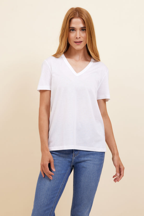 Majestic Lyocell Cotton Semi Relaxed Short Sleeve V-Neck in White