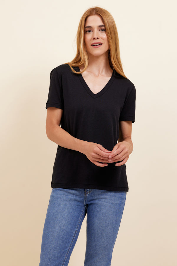 Majestic Lyocell Cotton Semi Relaxed Short Sleeve V-Neck in Black