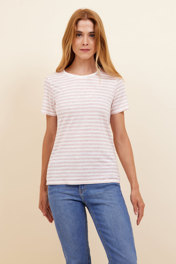 Majestic Stretch Linen Stripe Semi Relaxed Short Sleeve Crewneck in Chamallow