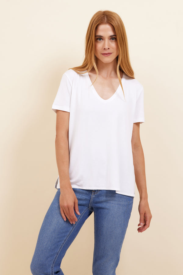 Majestic Soft Touch Semi Relaxed V-Neck Tee in White
