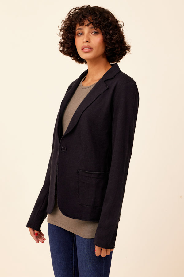 Double Face Cotton Cashmere One Button Blazer in Navy/Charcoal