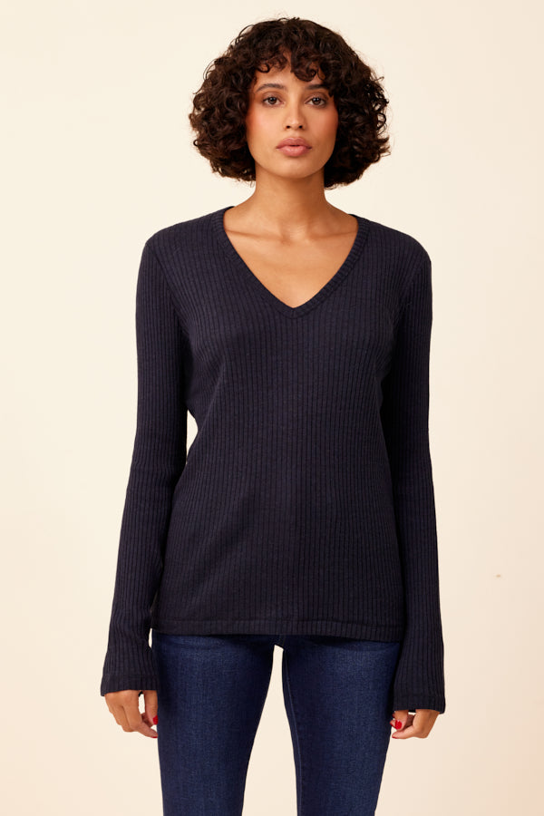 Cotton/Modal/Cashmere Rib Semi Relaxed V Neck in Navy