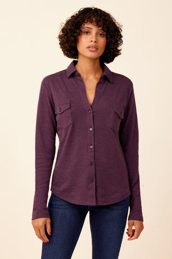 Majestic Double Face Cotton, Cashmere Pocket Shirt in Violet/Anthracite Chine