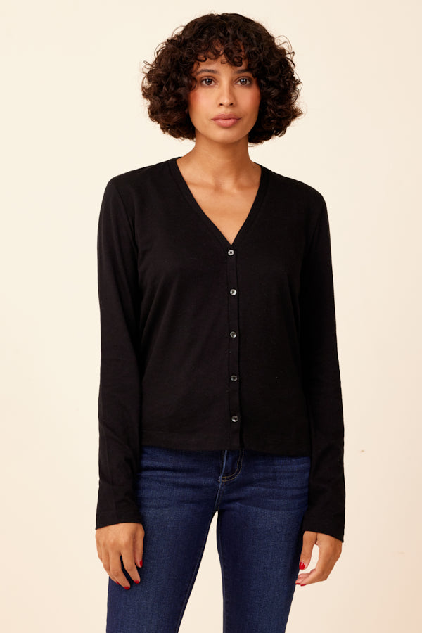 Cotton Cashmere Long Sleeve V-Neck Cardigan in Noir