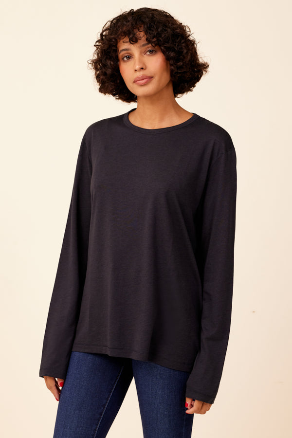Lyocell Cotton Semi Relaxed Crewneck in Navy