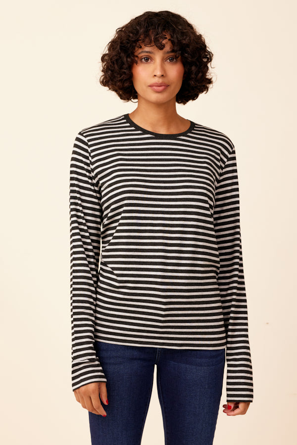 Soft Touch Striped Semi Relaxed Crewneck in Anthracite Chine