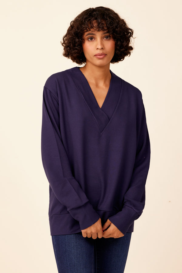 French Terry Long Sleeve Deep V-Neck in Ink
