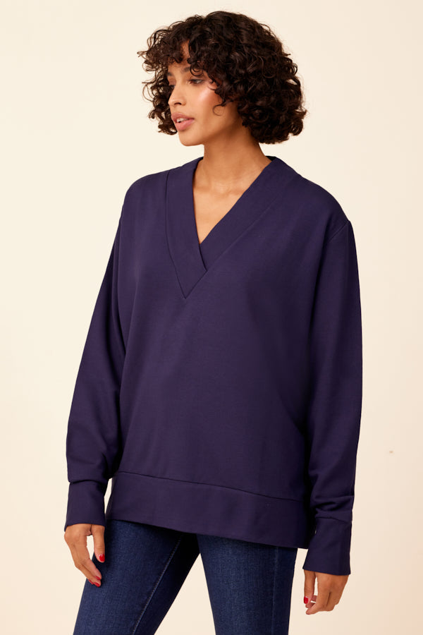 French Terry Long Sleeve Deep V-Neck in Ink