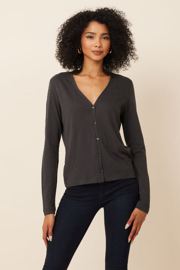 Cotton Cashmere Long Sleeve V-Neck Cardigan in Anthracite Chine