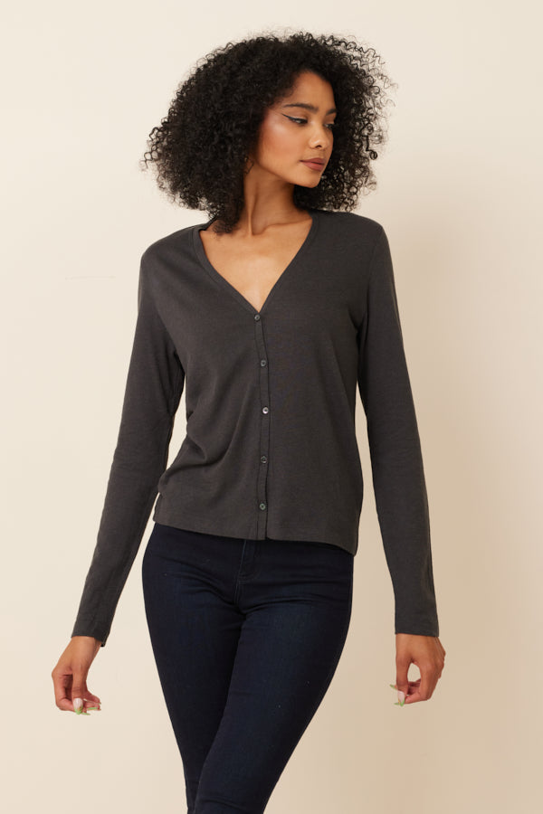 Cotton Cashmere Long Sleeve V-Neck Cardigan in Anthracite Chine