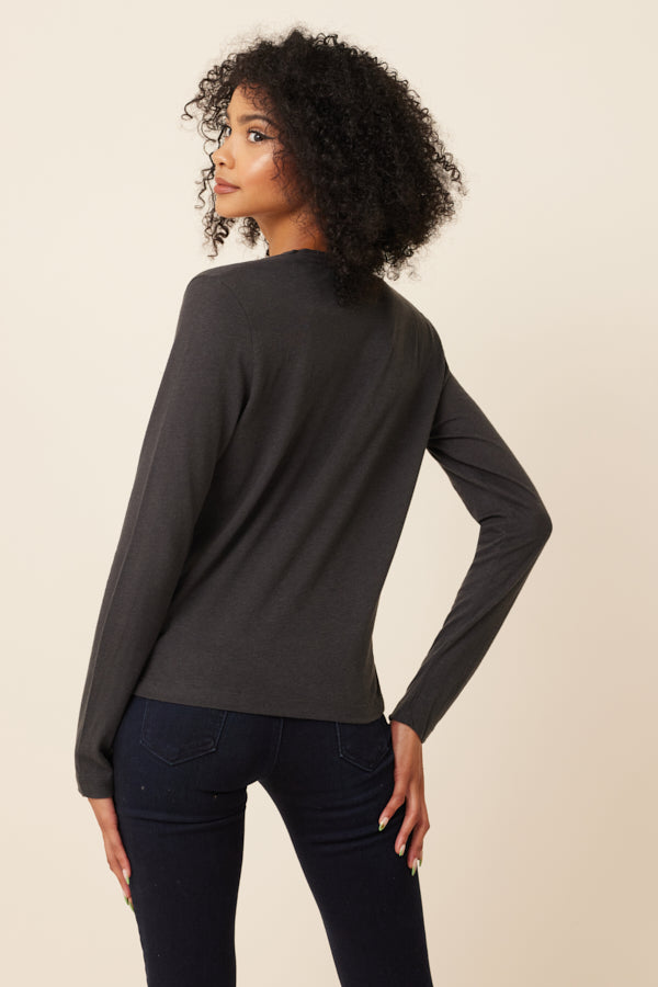 Cotton Cashmere Long Sleeve V-Neck Cardigan in Anthracite Chine