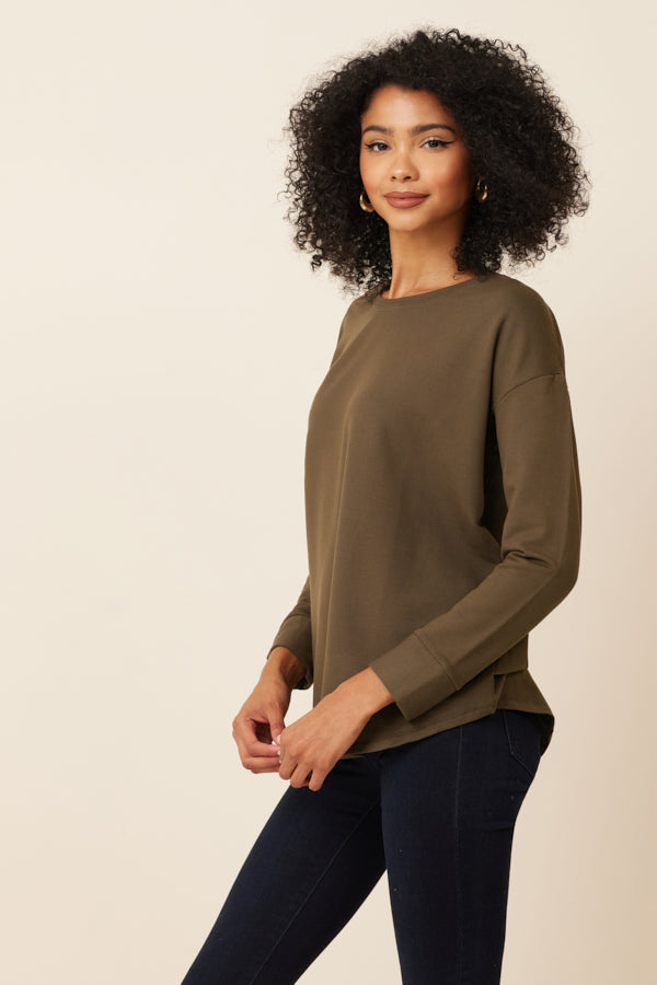 Majestic French Terry Semi-Relaxed Long Sleeve Crewneck in Kaki