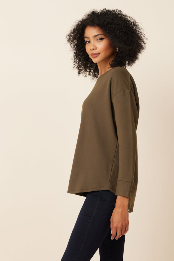 Majestic French Terry Semi-Relaxed Long Sleeve Crewneck in Kaki