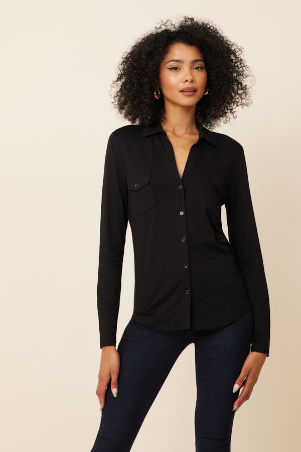 Majestic Soft Touch Long Sleeve Pocket Shirt in Noir