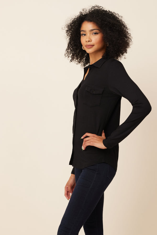 Majestic Soft Touch Long Sleeve Pocket Shirt in Noir