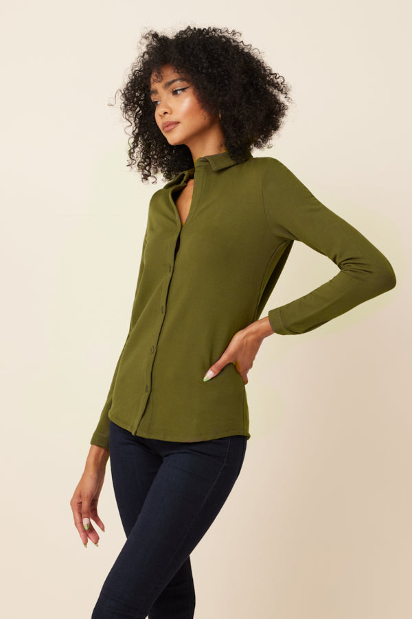 French Terry Long Sleeve Button Down Shirt in Kaki