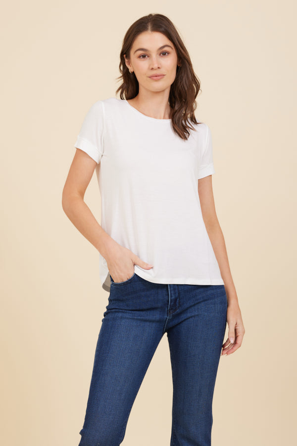 Soft Touch Short Sleeve Pleat Back Crewneck in White