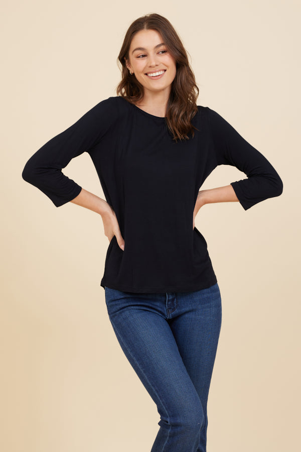 Soft Touch 3/4 Sleeve Pleat Back Crewneck in Navy