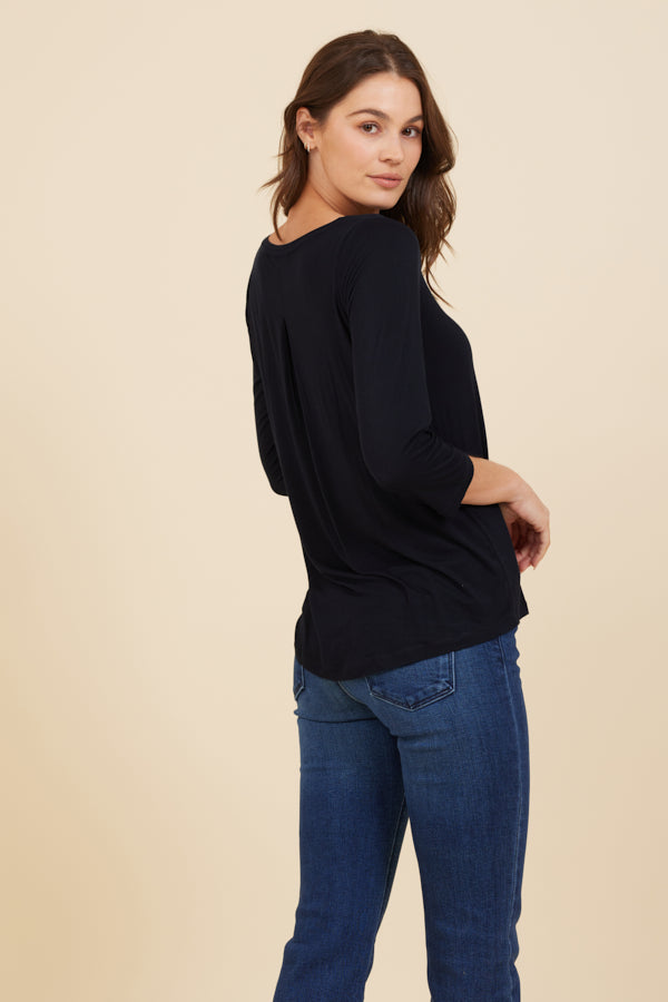 Soft Touch 3/4 Sleeve Pleat Back Crewneck in Marine