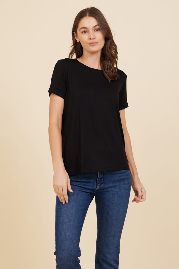 Soft Touch Short Sleeve Pleat Back Crewneck in Black
