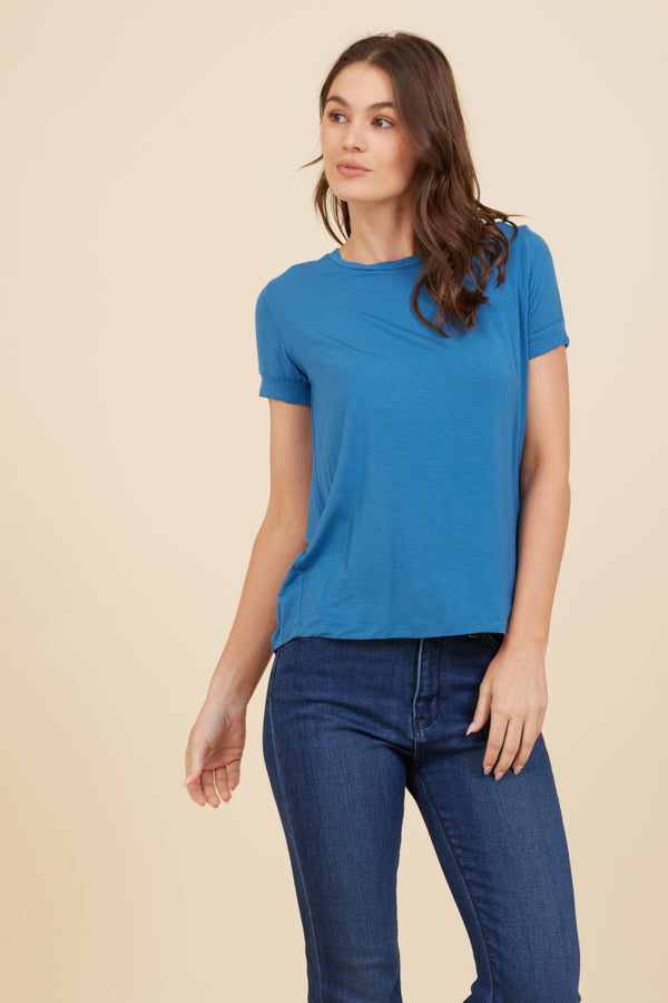 Soft Touch Short Sleeve Pleat Back Crewneck in Ocean