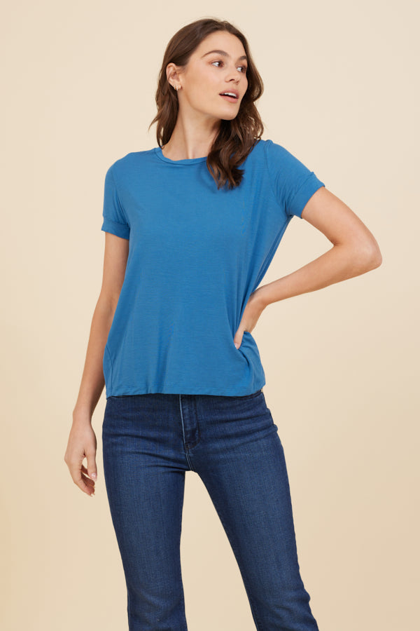Soft Touch Short Sleeve Pleat Back Crewneck in Ocean