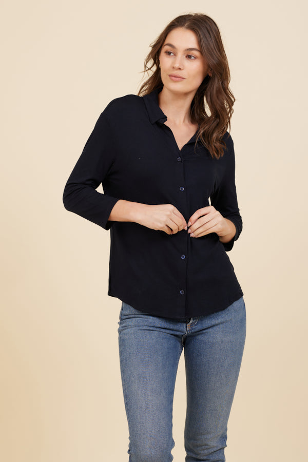 Soft Touch 3/4 Sleeve Semi Relaxed Shirt in Marine