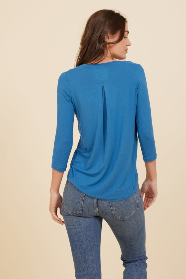 Soft Touch 3/4 Sleeve Pleat Back V-Neck in Ocean
