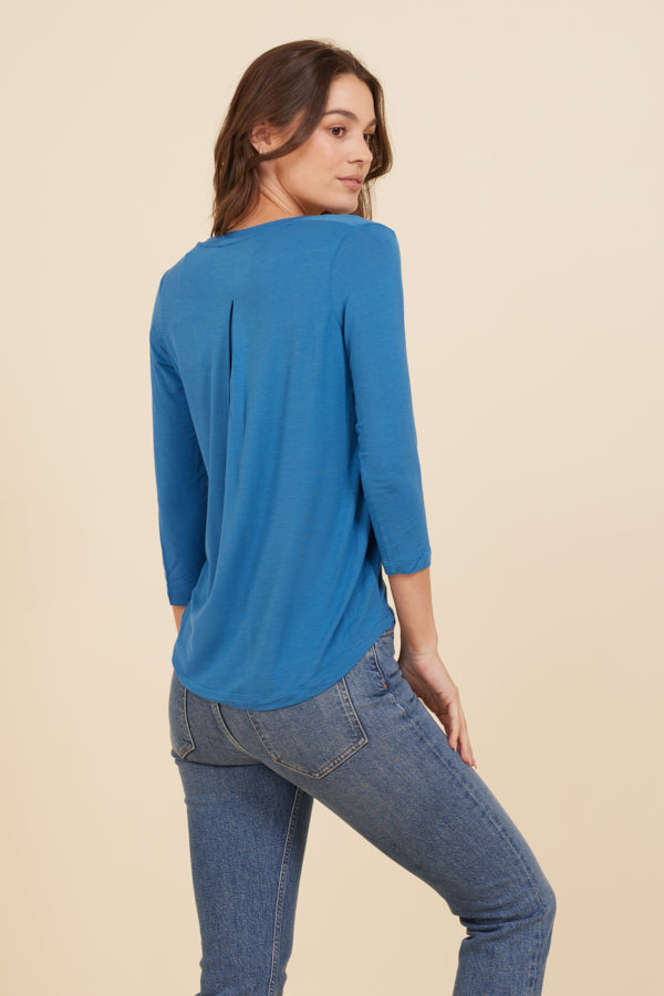 Soft Touch 3/4 Sleeve Pleat Back V-Neck in Ocean