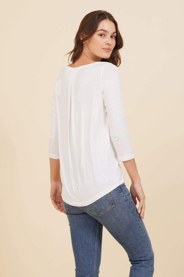 Soft Touch 3/4 Sleeve Pleat Back Crewneck in White