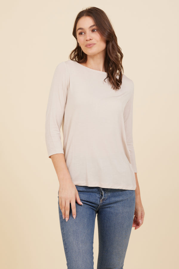 Soft Touch 3/4 Sleeve Pleat Back Crewneck in Cloud