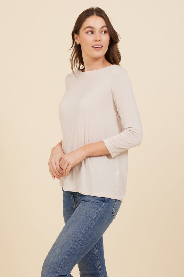 Soft Touch 3/4 Sleeve Pleat Back Crewneck in Cloud