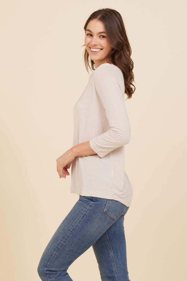 Soft Touch 3/4 Sleeve Pleat Back Crewneck in Cloud