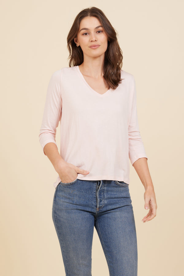 Soft Touch 3/4 Sleeve Pleat Back V-Neck in Powder