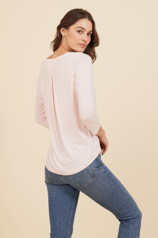 Soft Touch 3/4 Sleeve Pleat Back V-Neck in Powder