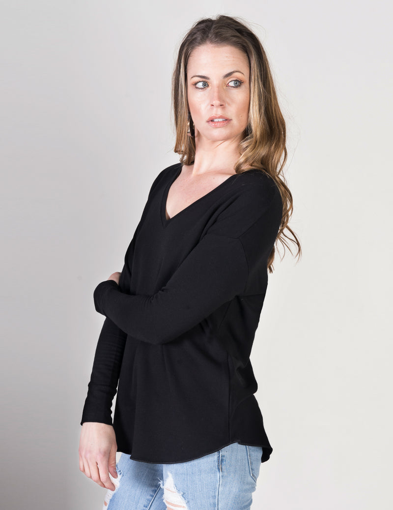 Majestic French Touch Long Sleeve Drop Shoulder V- Neck in Black