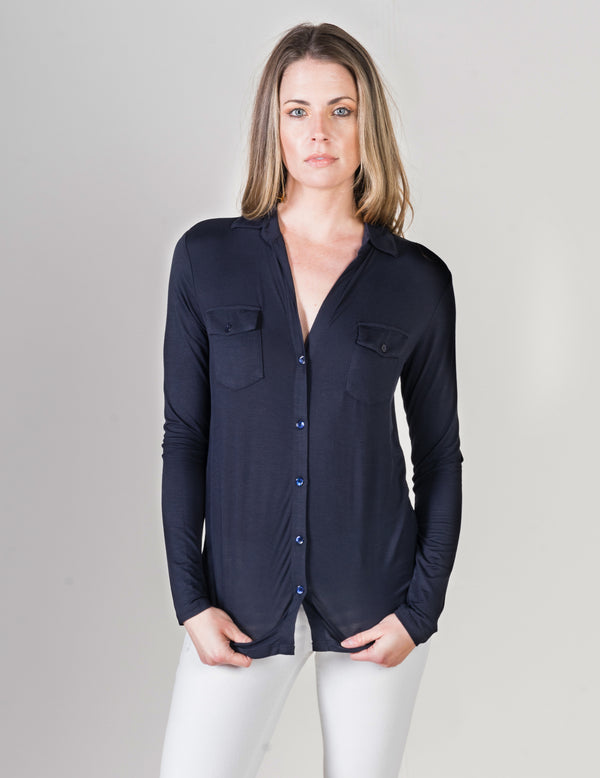 Majestic Long Sleeve Button Chemise in Marine