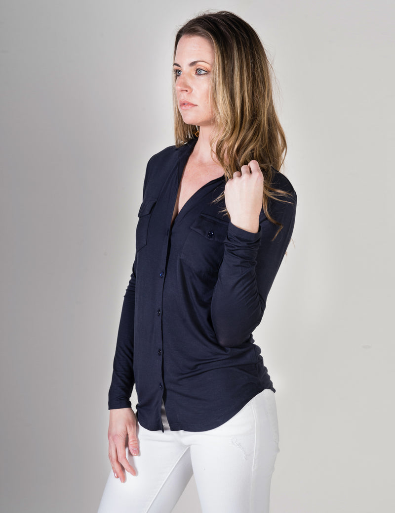 Majestic Long Sleeve Button Chemise in Navy