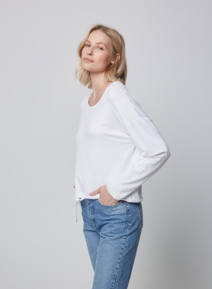 French Terry Drawstring Crewneck Top - Blanc