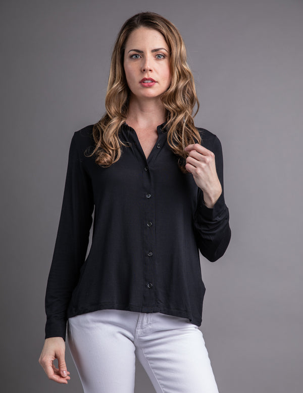 Majestic Long Sleeve Relaxed Button-Down Shirt in Black