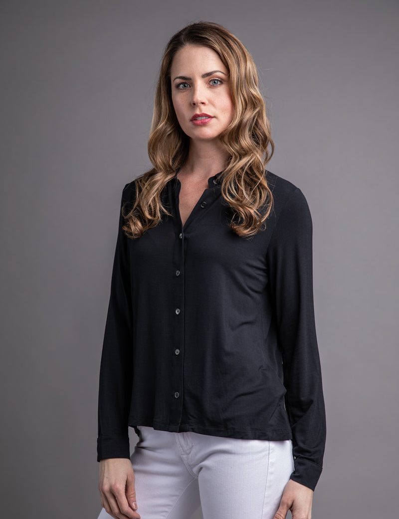 Majestic Long Sleeve Relaxed Button-Down Shirt in Black