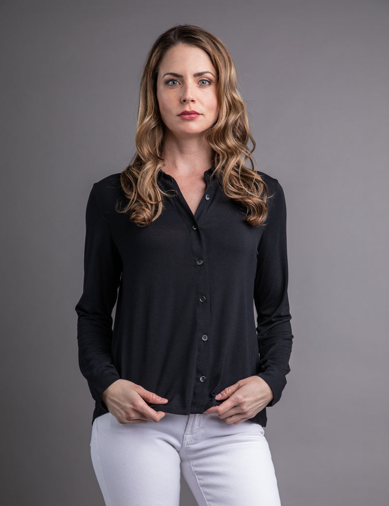 Majestic Long Sleeve Relaxed Button-Down Shirt in Black